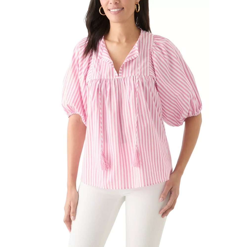 Philosophy Republic Clothing Pink White Striped Puff Sleeve Tassel Blouse Large